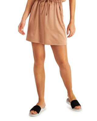 ID Ideology Vestido curto feminino com bolso elástico e cordão na cintura, sem mangas, decote redondo, marrom, tamanho pequeno