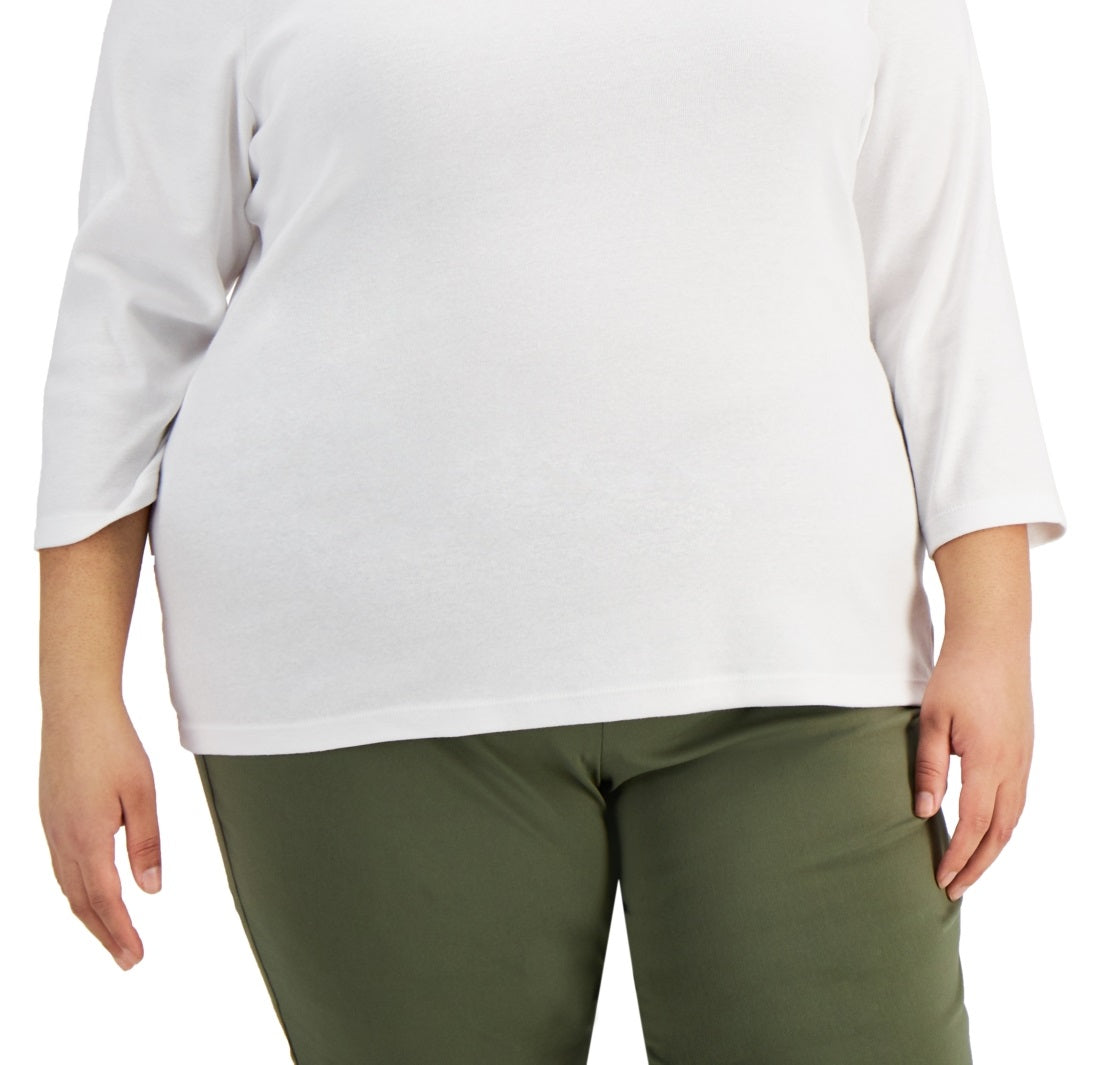 Karen Scott Blusa feminina de algodão com decote redondo, branca, tamanho 3X