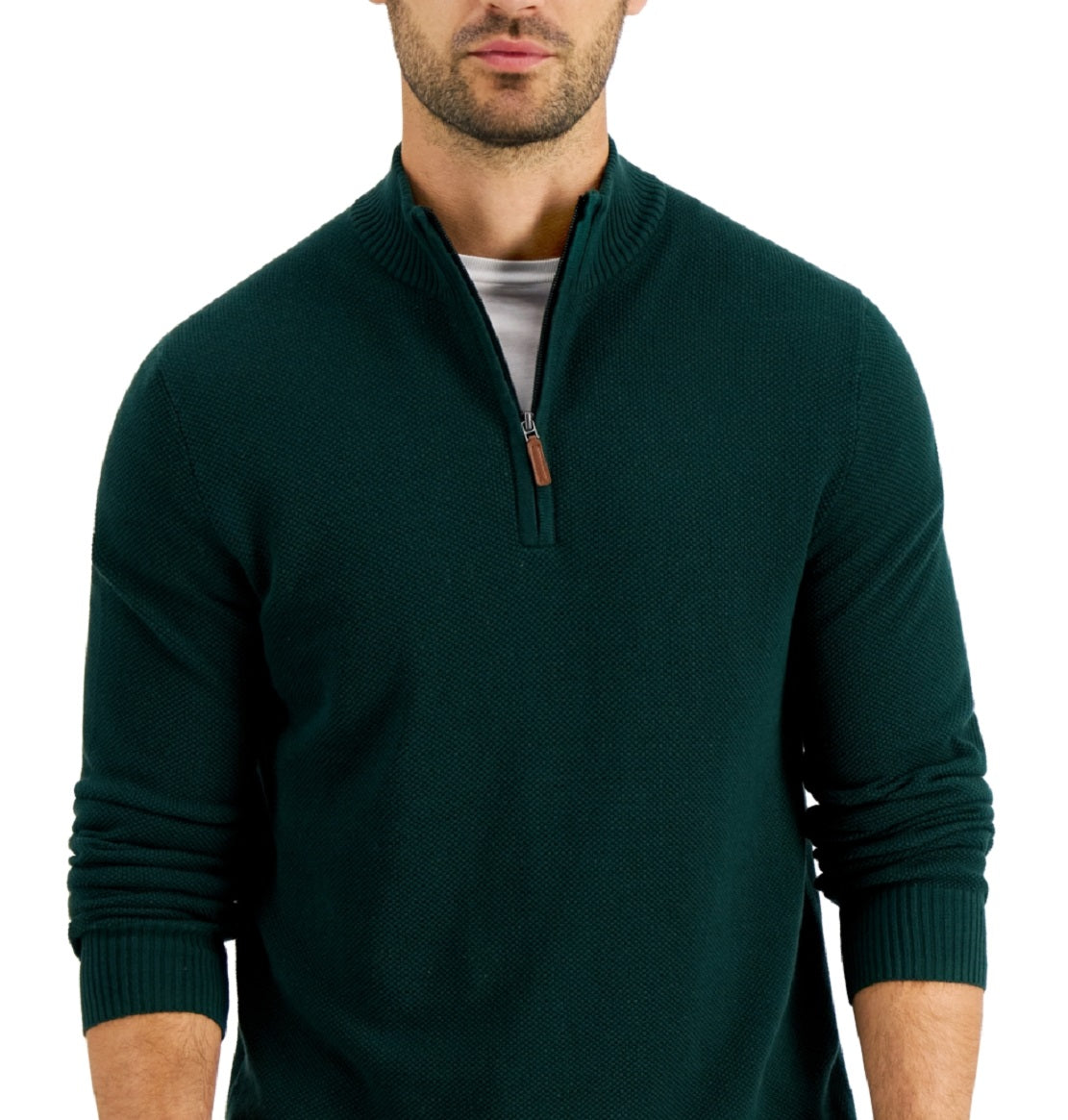 Suéter de algodão texturizado com zíper de um quarto masculino Club Room, verde, tamanho grande