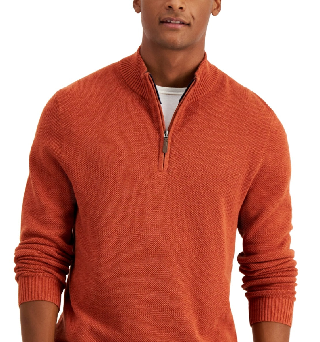 Suéter de algodão texturizado com zíper de um quarto masculino Club Room, laranja, tamanho XX-G