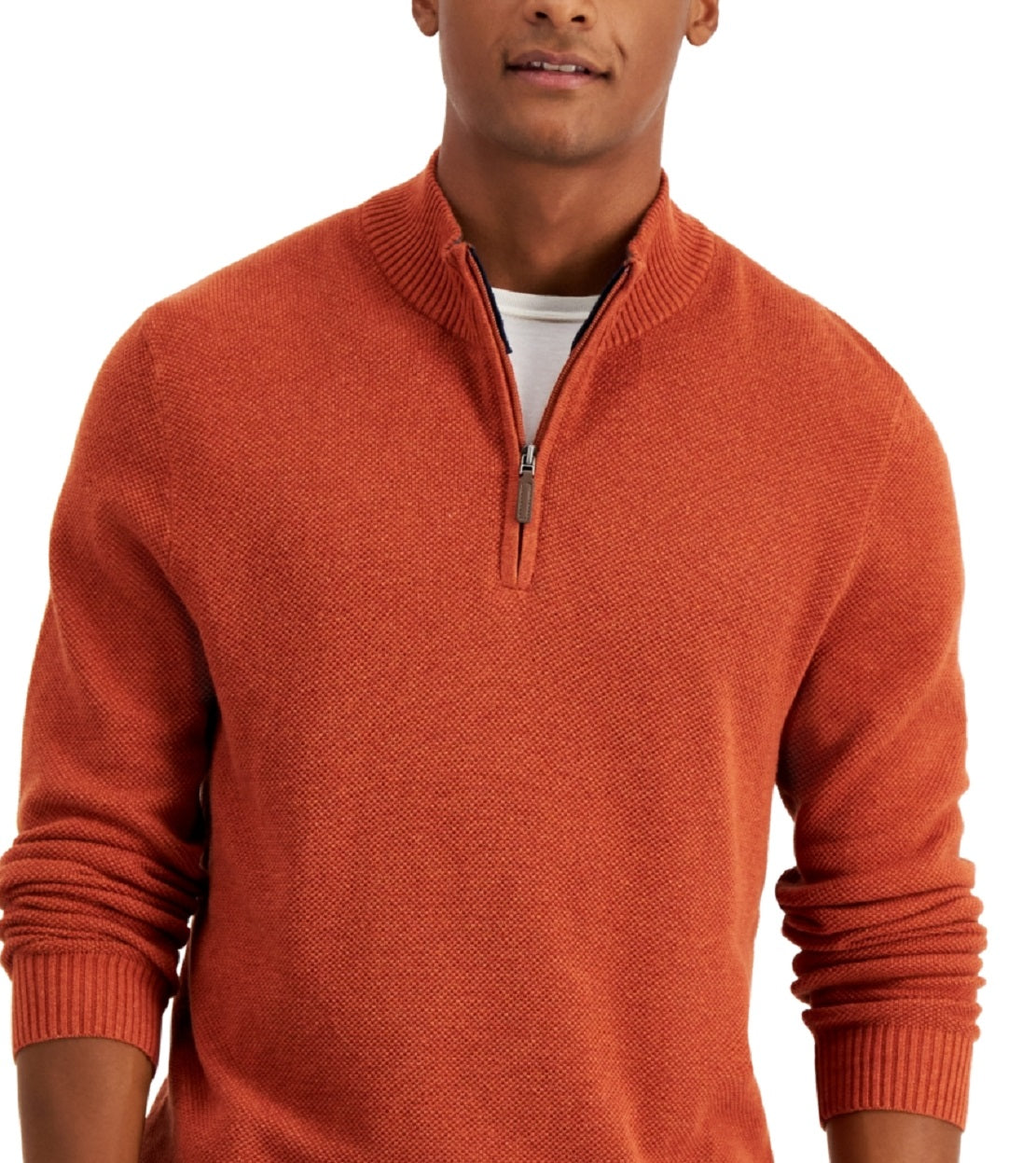 Suéter de algodão texturizado com zíper de um quarto masculino Club Room, laranja, tamanho XXX-G