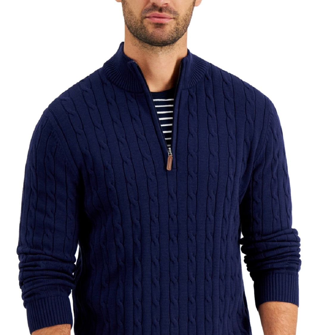 Suéter de algodão masculino Club Room, tricô com zíper e 1/4, azul, tamanho médio