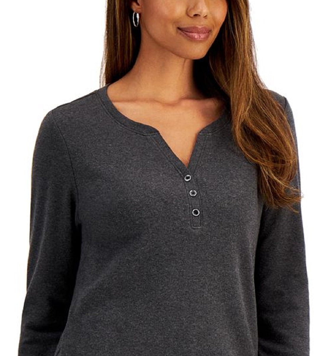 Karen Scott Top Henley de Algodão Feminino com Gola V Preto Tamanho Médio