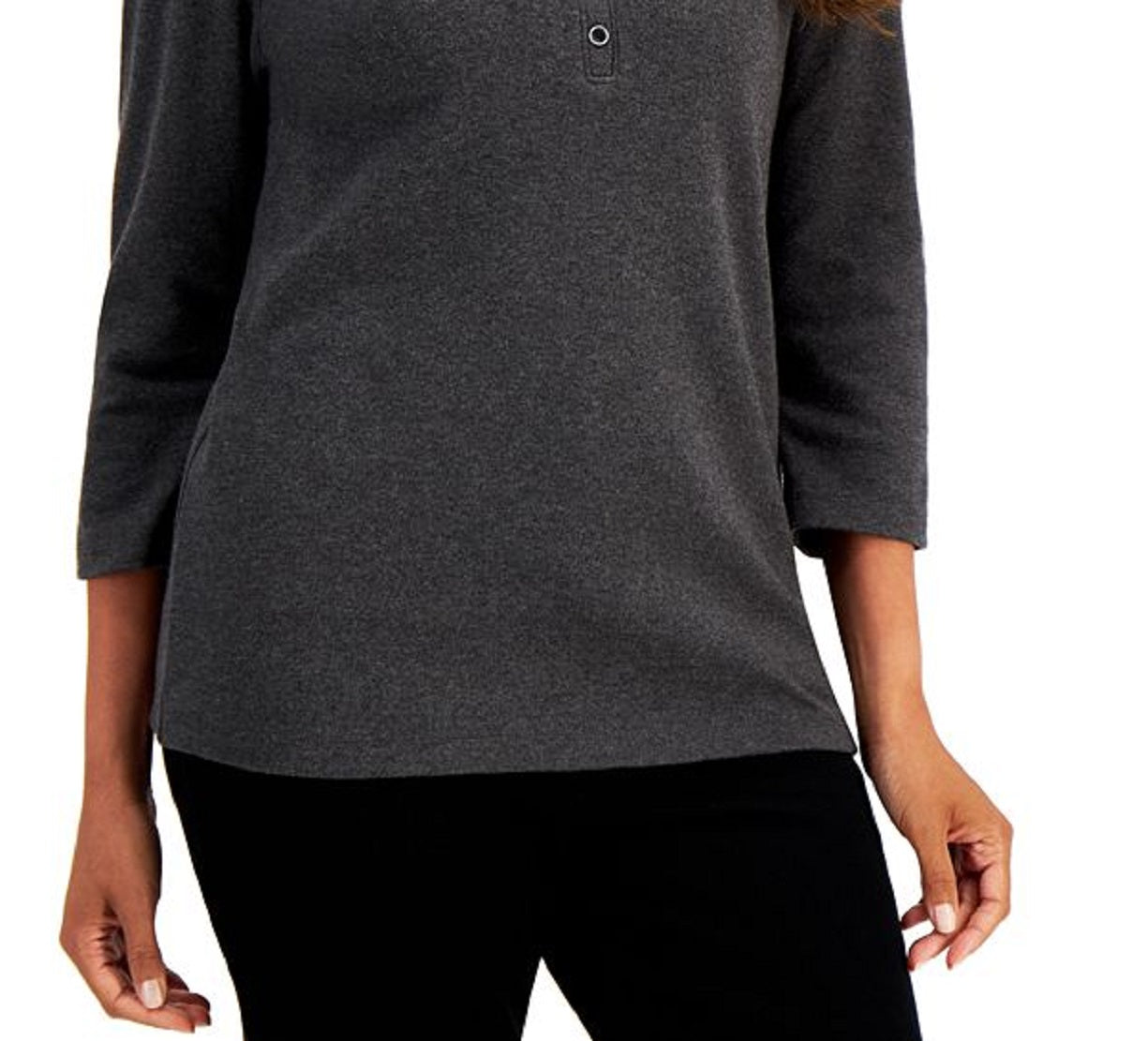 Karen Scott Top Henley de Algodão Feminino com Gola V Preto Tamanho Médio