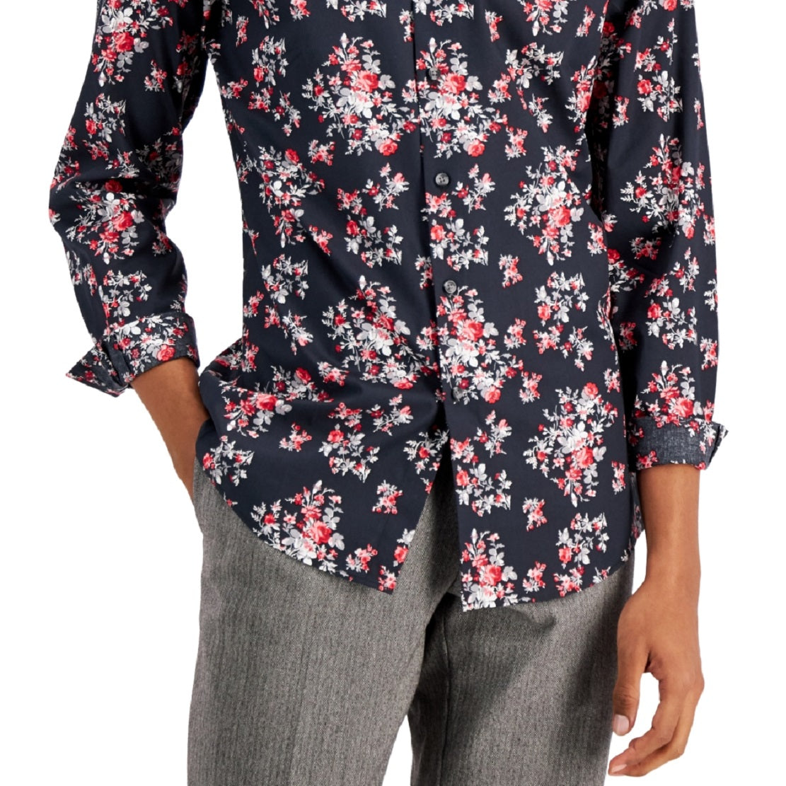 Camisa social masculina Bar III Slim Fit Performance Stretch com estampa floral, vermelha, tamanho pequeno