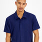 Camisa masculina de manga curta com botões e malha canelada da INC International Concepts, azul, tamanho médio