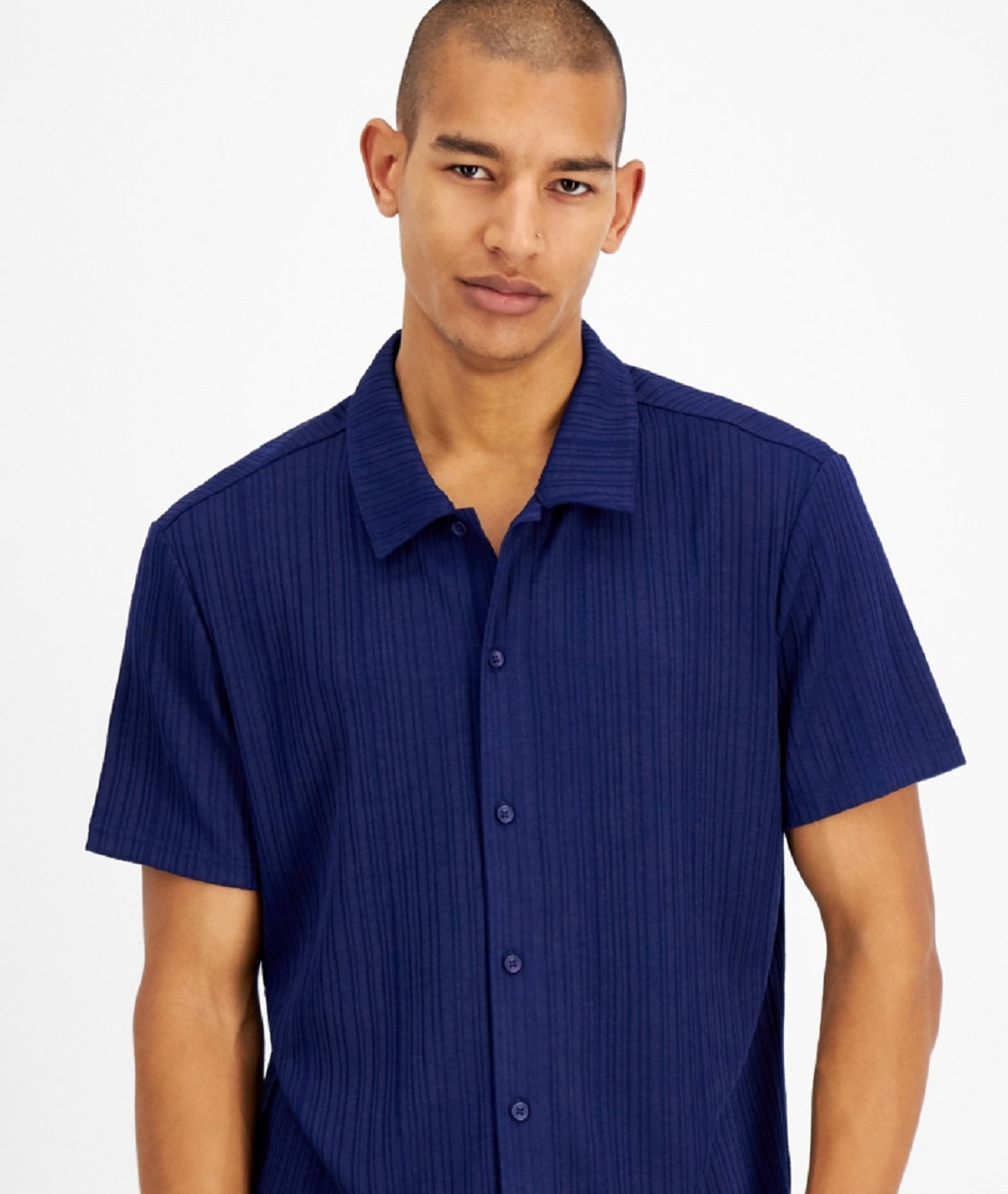 Camisa masculina de manga curta com botões e malha canelada da INC International Concepts, azul, tamanho médio