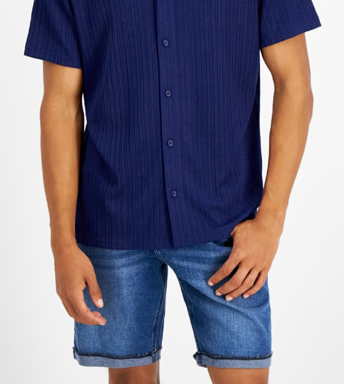 Camisa masculina de manga curta com botões e malha canelada da INC International Concepts, azul, tamanho médio