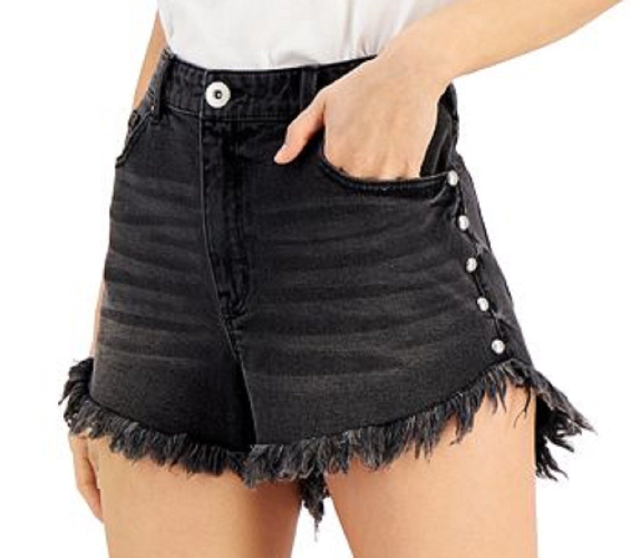 Shorts femininos de cintura alta com tachas e bainha desfiada, preto, tamanho 2, da INC International Concepts