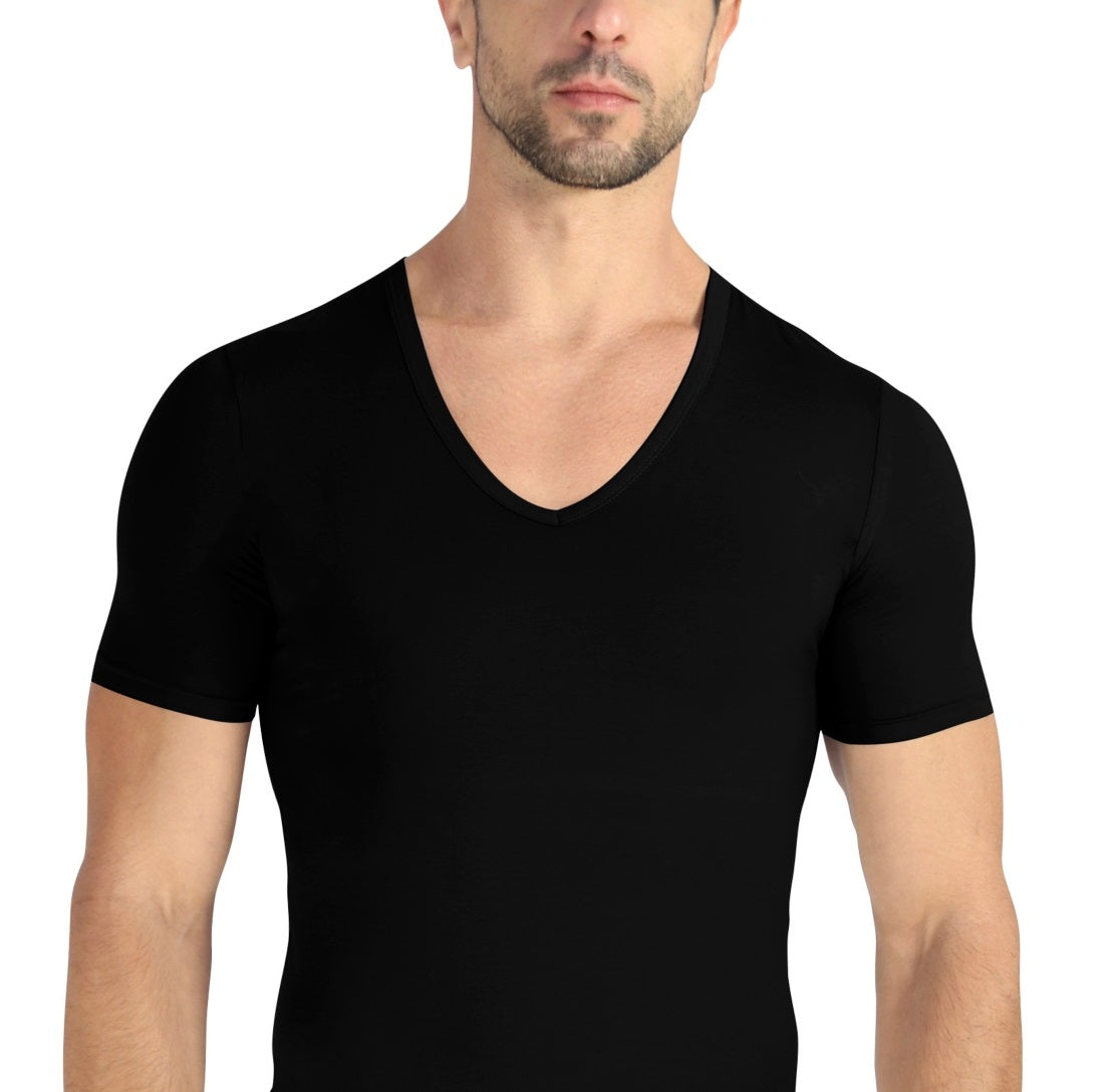 Conjunto de 2 camisetas masculinas Rounderbum com decote em V profundo, pretas, tamanho médio