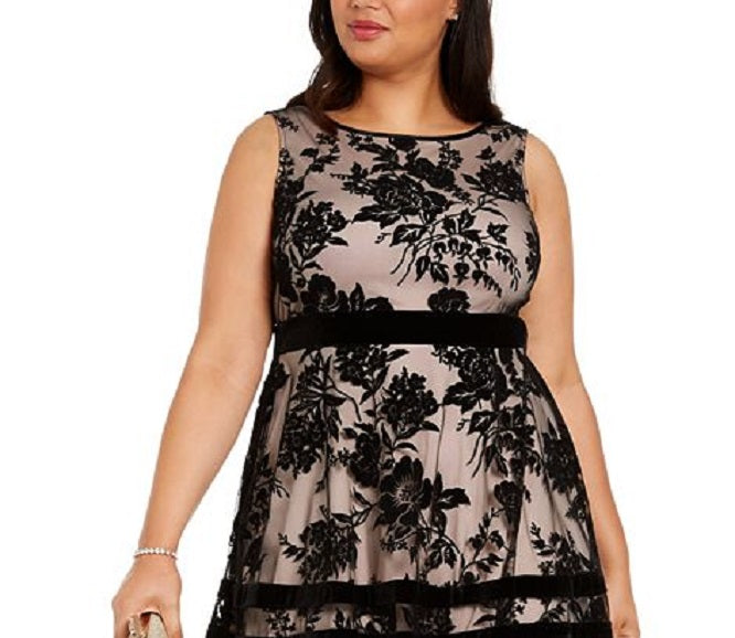 Vestido midi flocado de veludo plus size Taylor feminino, preto, tamanho 20W