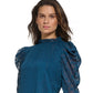 Blusa feminina DKNY com babados em jacquard e manga comprida, azul, tamanho médio