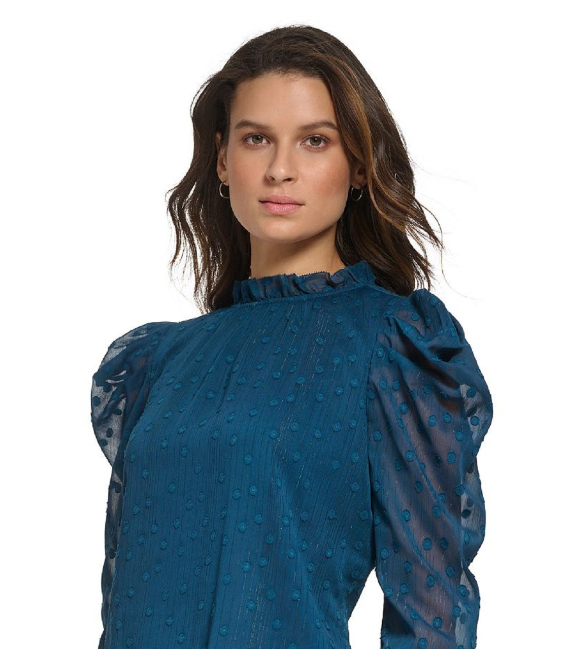 Blusa feminina DKNY com babados em jacquard e manga comprida, azul, tamanho médio