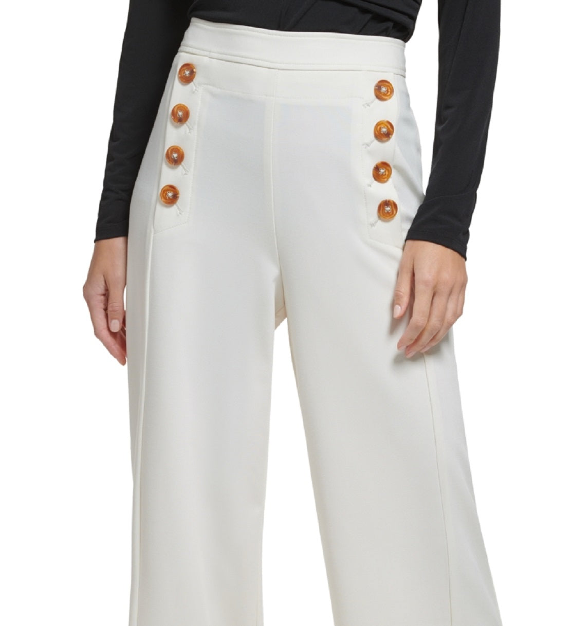 Calça de marinheiro feminina DKNY com acabamento em botões e perna larga, bege, tamanho 8