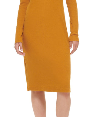 Vestido feminino DKNY com decote Henley e manga comprida canelado, marrom, tamanho X-G