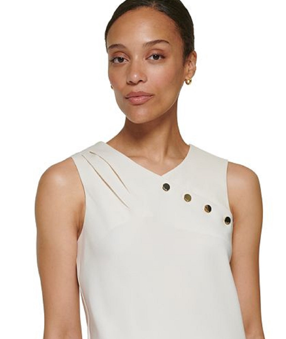 Blusa feminina DKNY sem mangas com decote assimétrico e detalhes embelezados, branca
