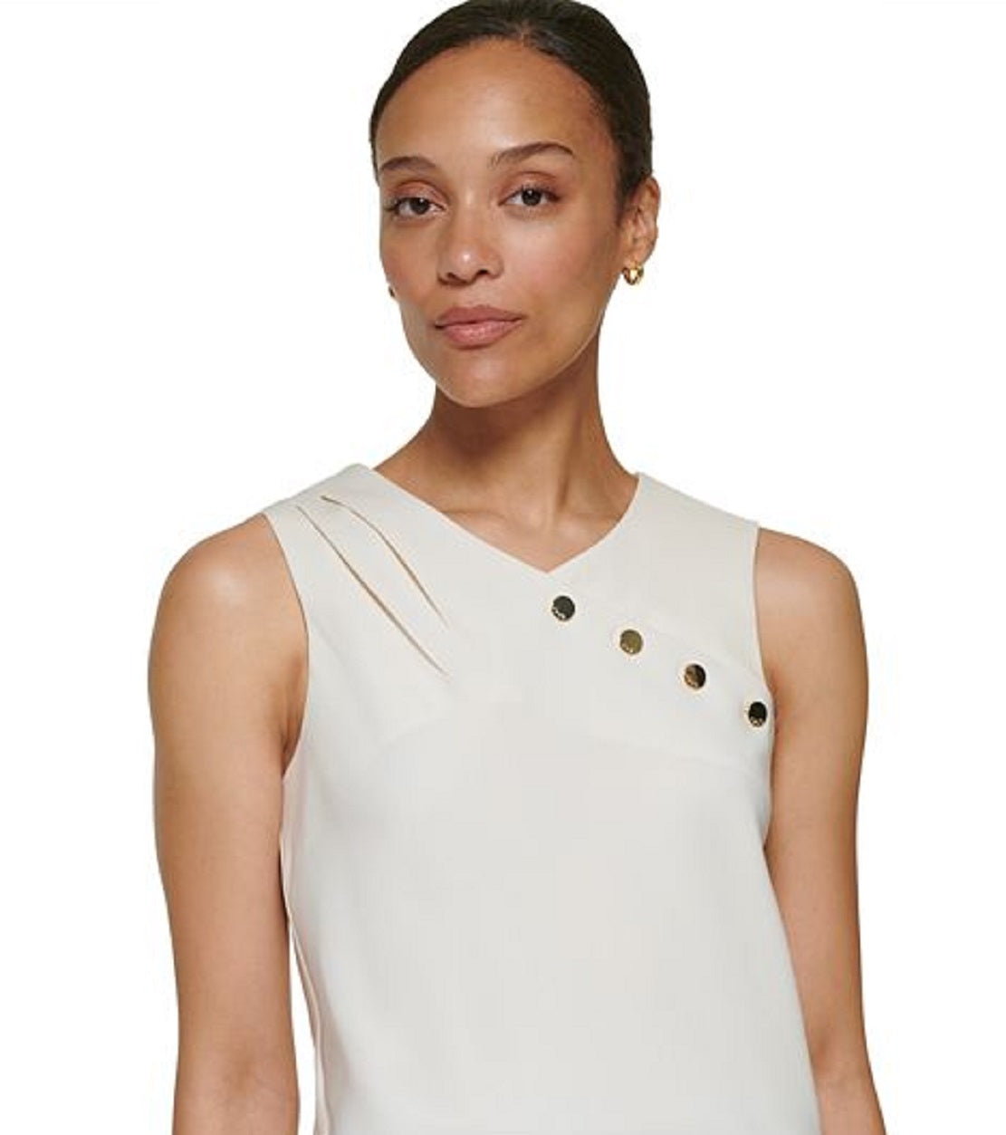 Blusa feminina DKNY sem mangas com decote assimétrico e detalhes embelezados, branca