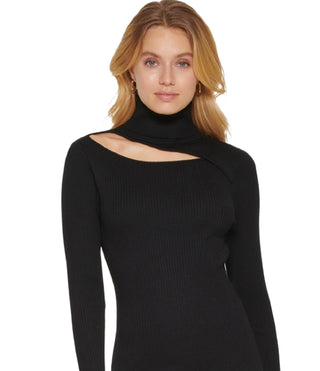 Vestido suéter feminino DKNY com gola alta e recorte canelado, preto, tamanho grande