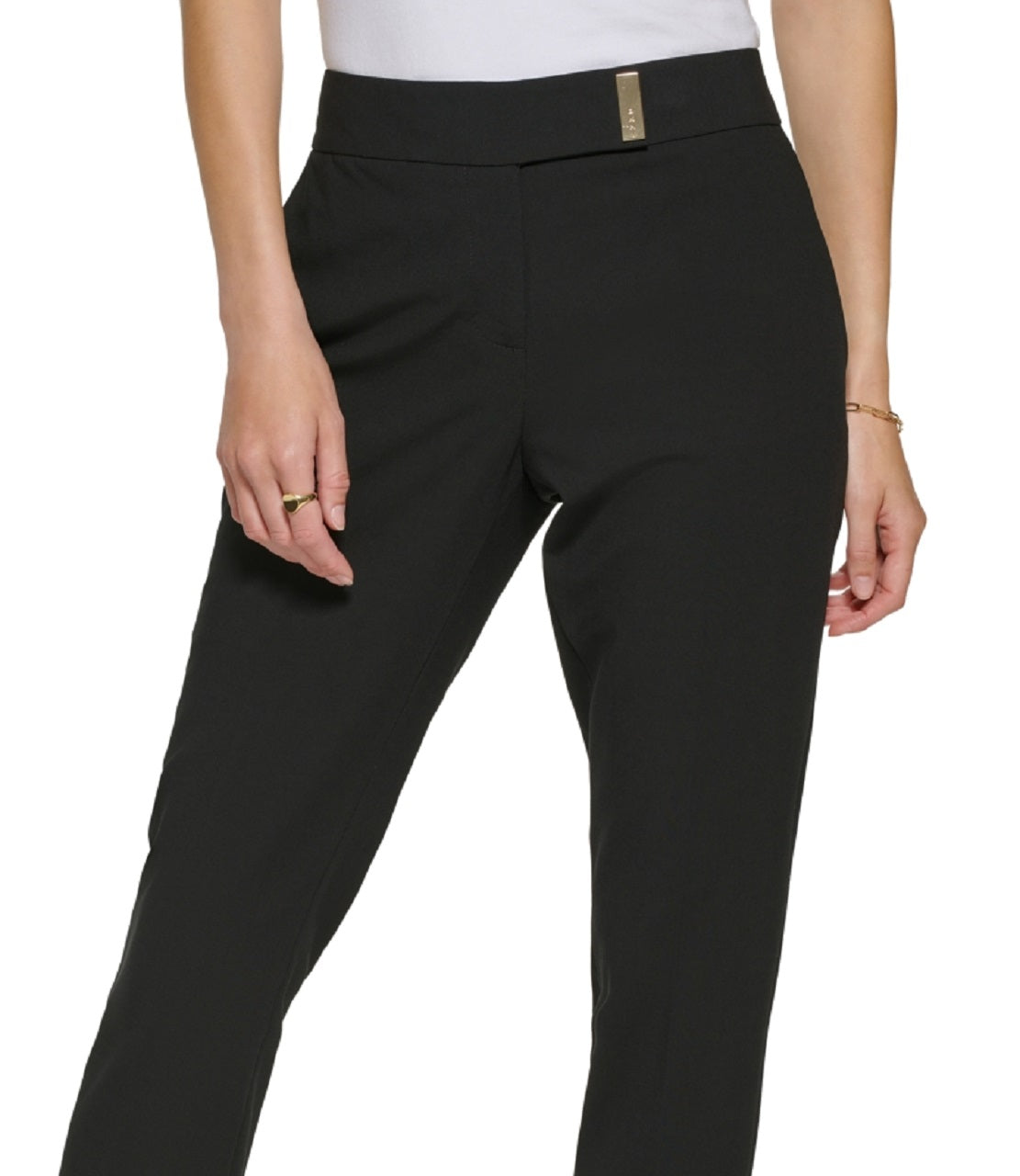 Calça feminina DKNY de cintura média com aba estendida e perna reta, preta, tamanho 12
