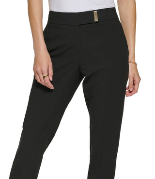 Calça feminina DKNY de cintura média com aba estendida e perna reta, preta, tamanho 12