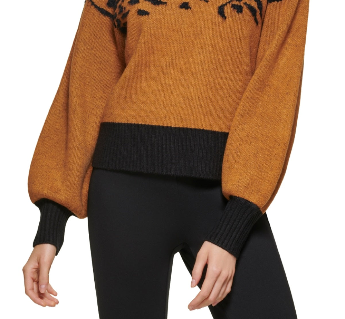 Suéter feminino DKNY com manga bufante e lantejoulas, preto, tamanho grande