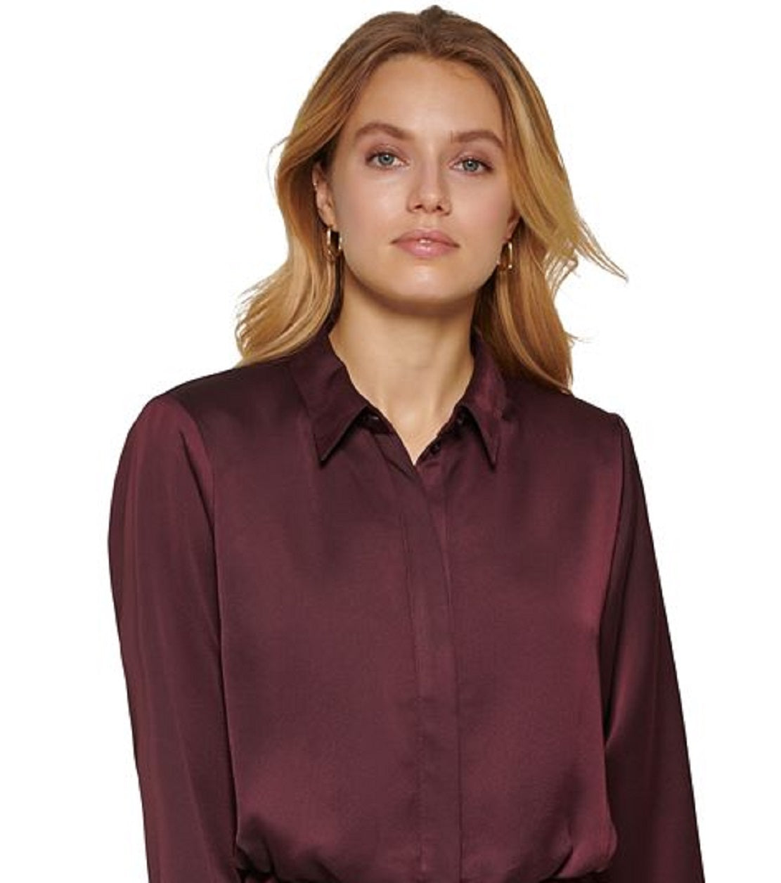 Vestido curto de cetim de manga comprida feminino DKNY, vermelho, tamanho médio