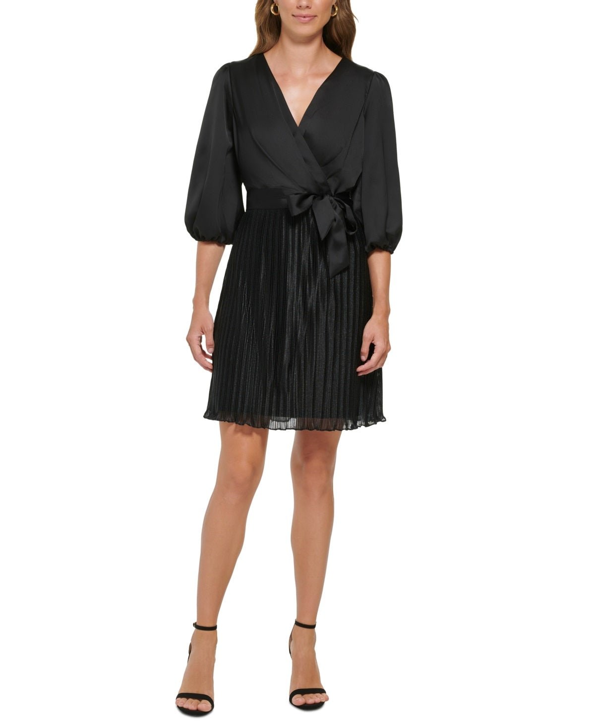 Vestido envelope falso com mangas bufantes e pregas DKNY feminino, preto, tamanho 10