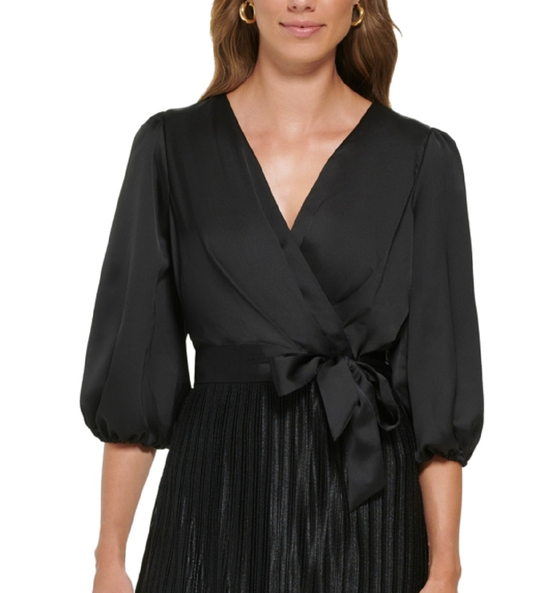 Vestido envelope falso com mangas bufantes e pregas DKNY feminino, preto, tamanho 10