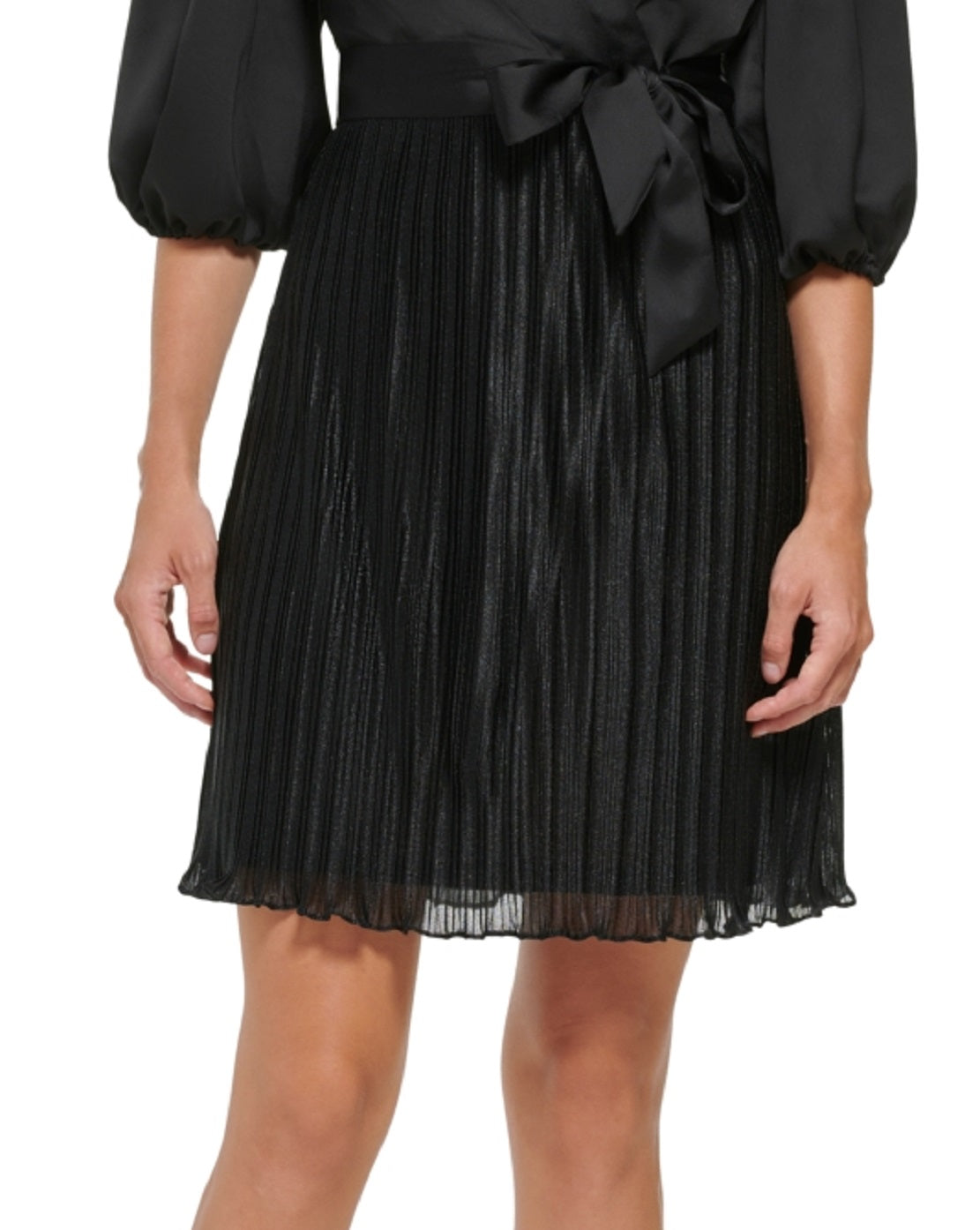 Vestido envelope falso com mangas bufantes e pregas DKNY feminino, preto, tamanho 10