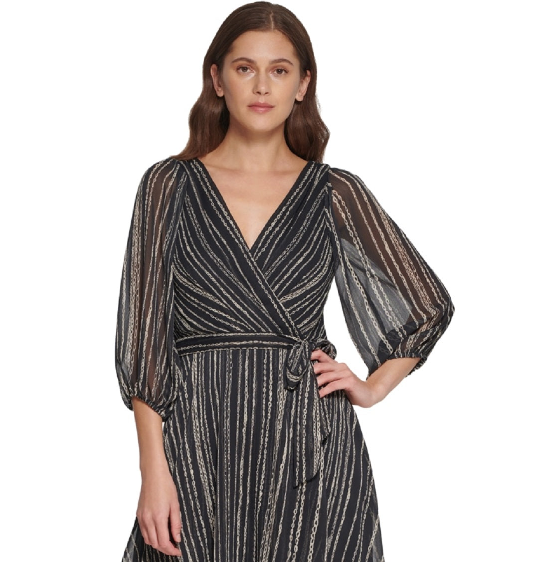 Vestido midi envolvente com manga balão e chiffon estampado feminino DKNY, preto, tamanho 6