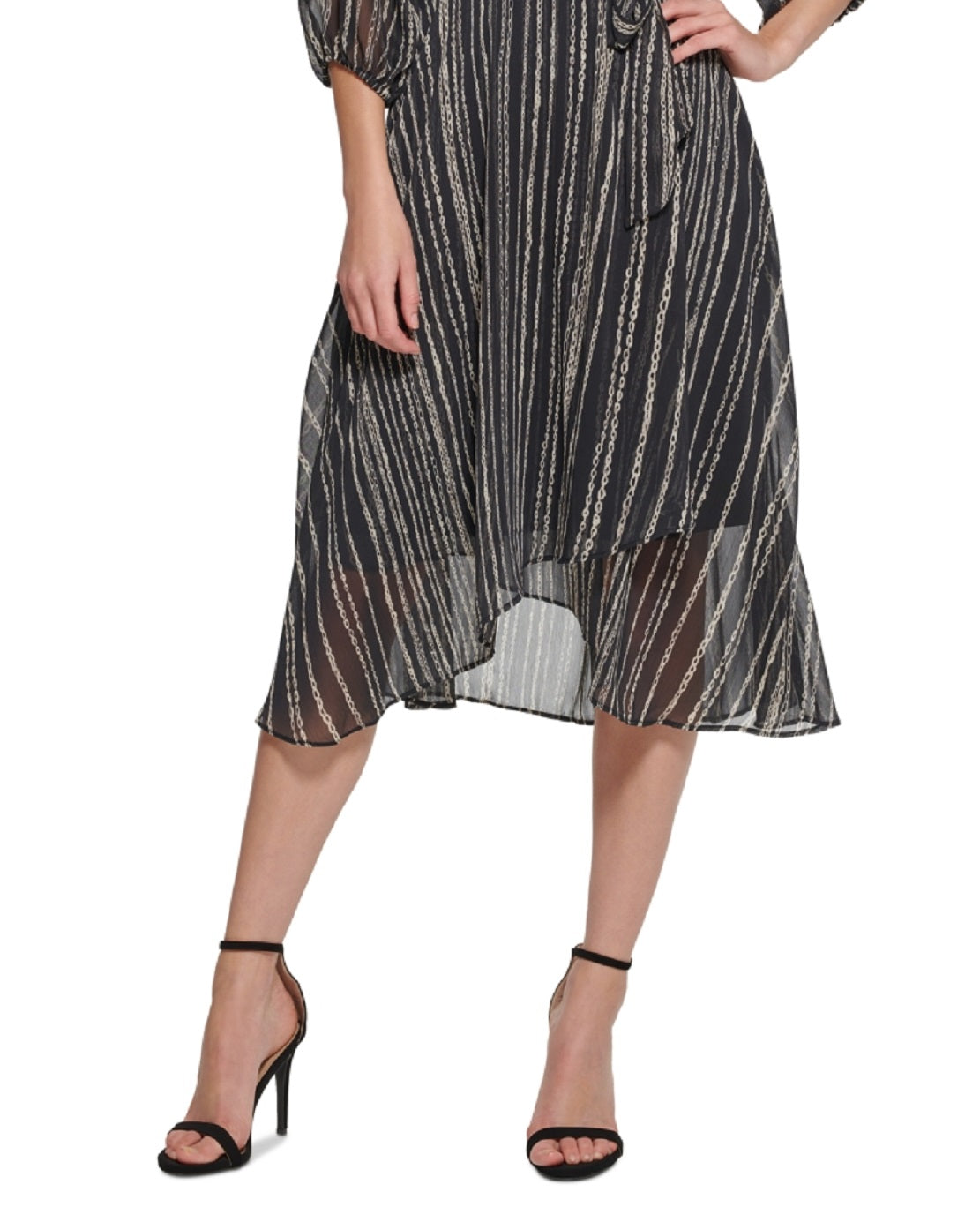 Vestido midi envolvente com manga balão e chiffon estampado feminino DKNY, preto, tamanho 6