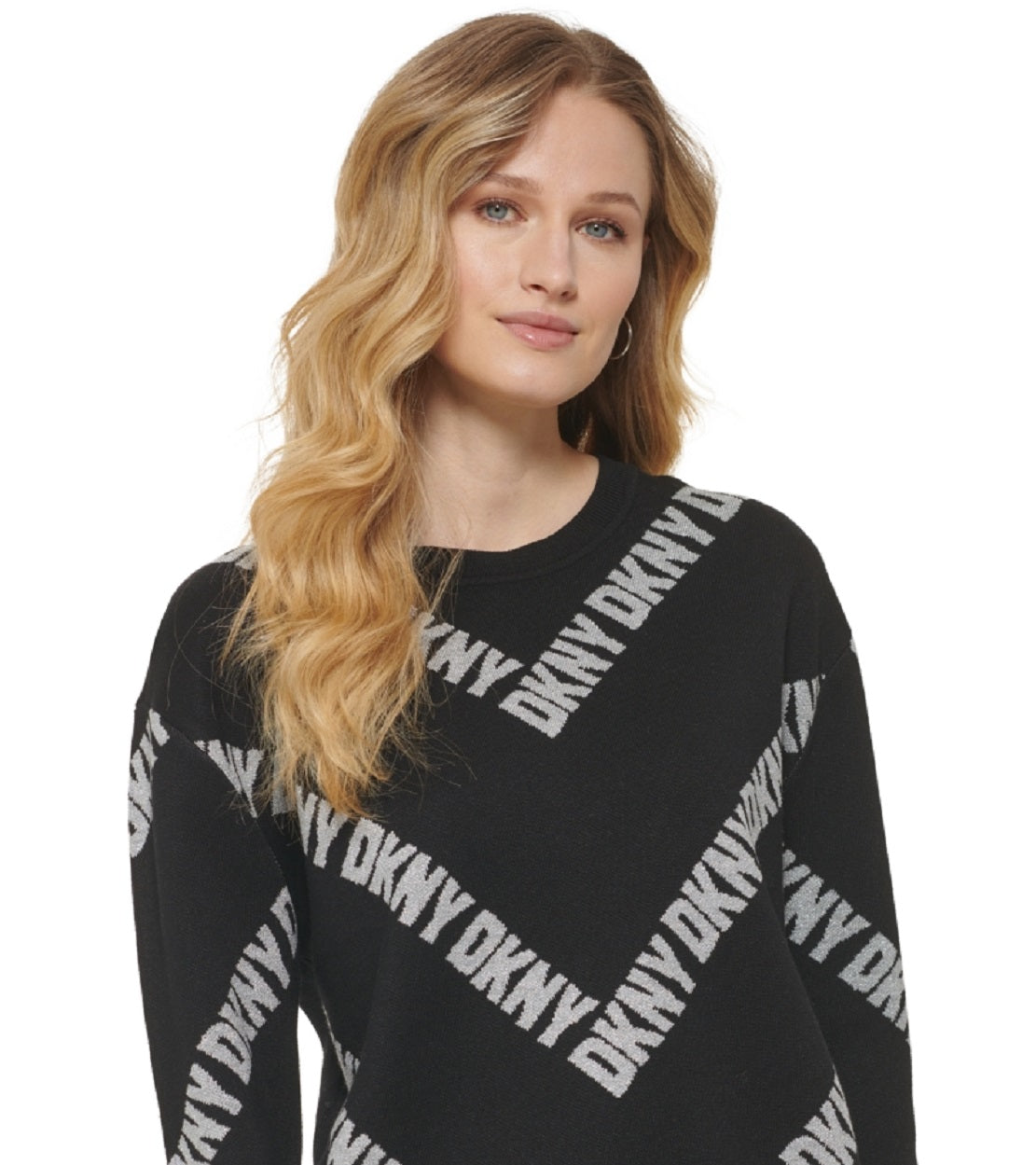 Suéter feminino DKNY Allover Logo Manga Longa Gola Redonda Preto Tamanho XS