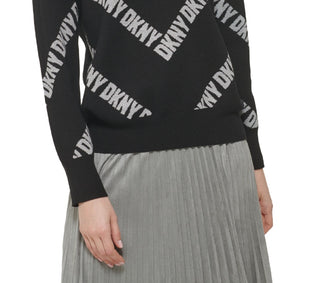 Suéter feminino DKNY Allover Logo Manga Longa Gola Redonda Preto Tamanho XS