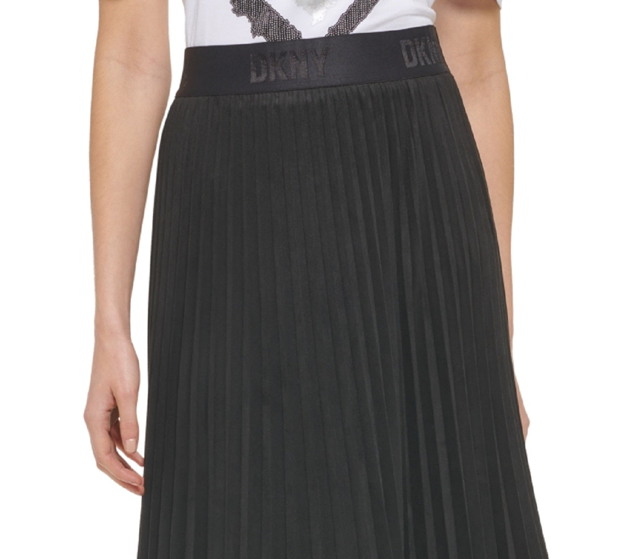 Saia plissada de camurça sintética feminina DKNY, preta, tamanho grande