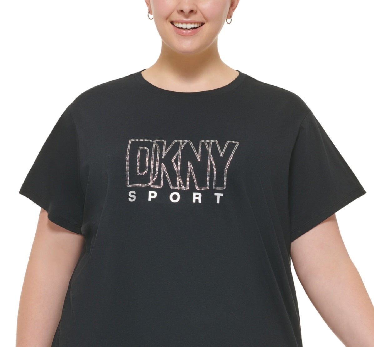 Camiseta feminina DKNY de algodão com logotipo bordado, preta, tamanho 3X