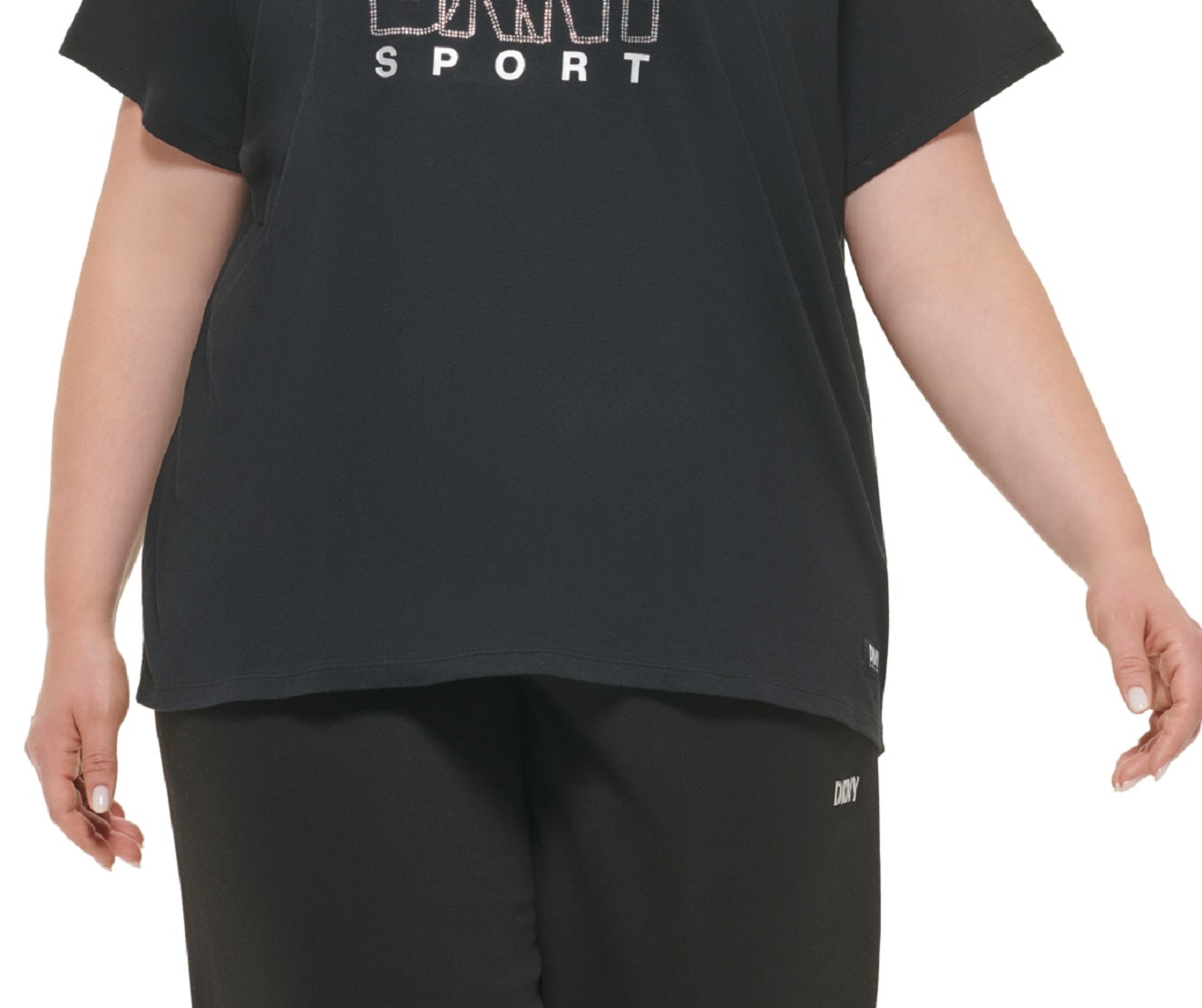Camiseta feminina DKNY de algodão com logotipo bordado, preta, tamanho 3X