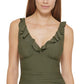 Maiô feminino DKNY com babados e aro para controle de barriga, verde