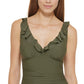 Maiô feminino DKNY com babados e aro para controle de barriga, verde