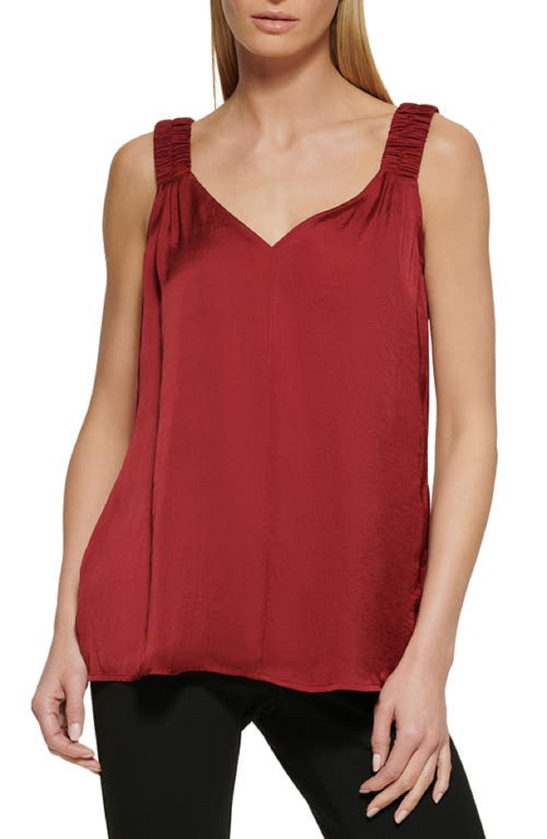 Top de cetim com alças franzidas feminino DKNY, vermelho, tamanho pequeno