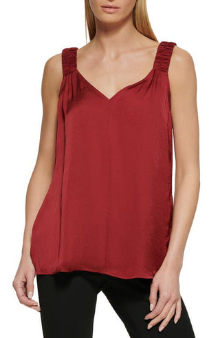 Top de cetim com alças franzidas feminino DKNY, vermelho, tamanho pequeno