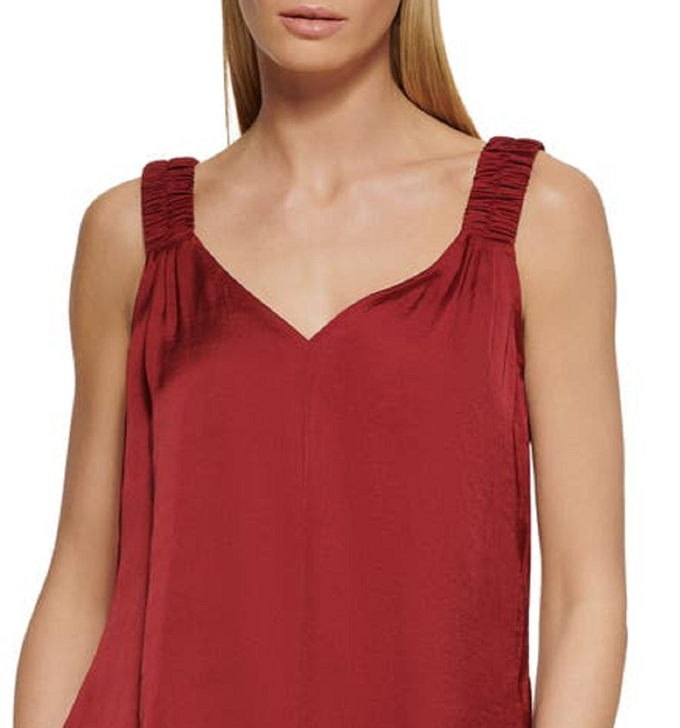 Top de cetim com alças franzidas feminino DKNY, vermelho, tamanho pequeno