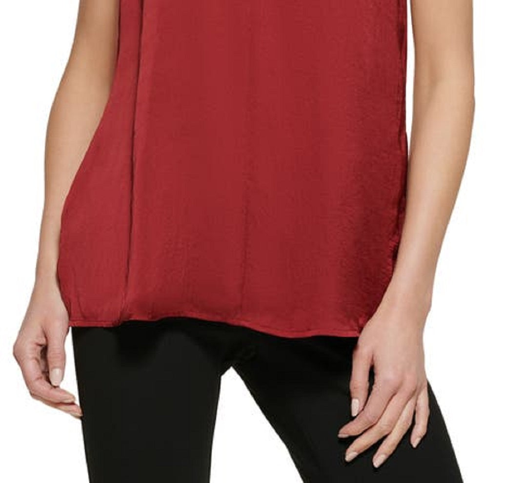 Top de cetim com alças franzidas feminino DKNY, vermelho, tamanho pequeno