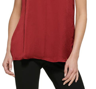 Top de cetim com alças franzidas feminino DKNY, vermelho, tamanho pequeno