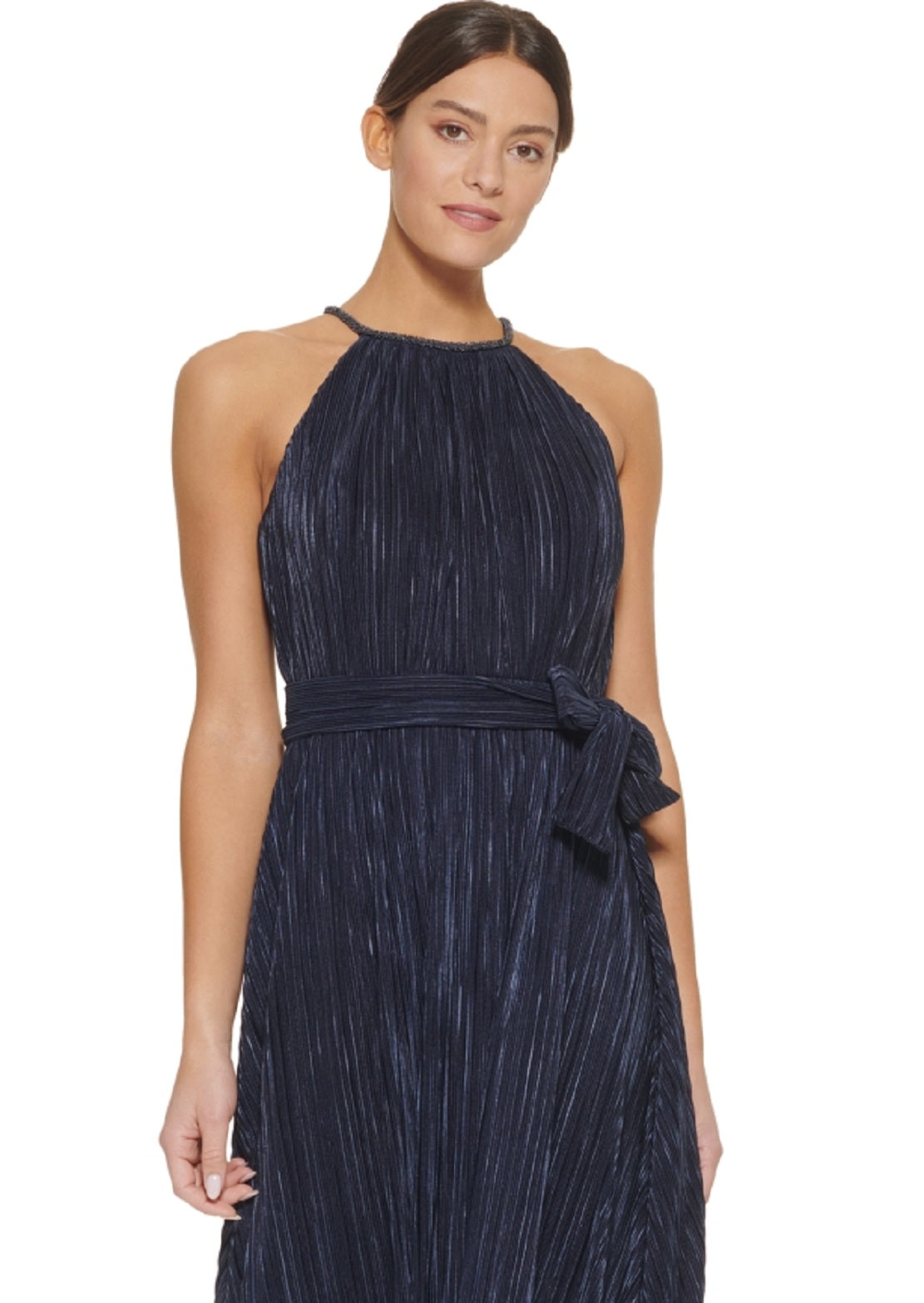 Vestido feminino DKNY com decote halter plissado e acabamento embelezado, azul, tamanho 16