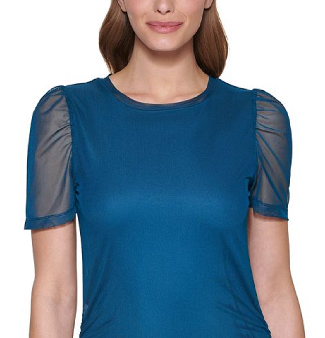 Blusa transparente com manga bufante DKNY feminina, azul, tamanho extragrande