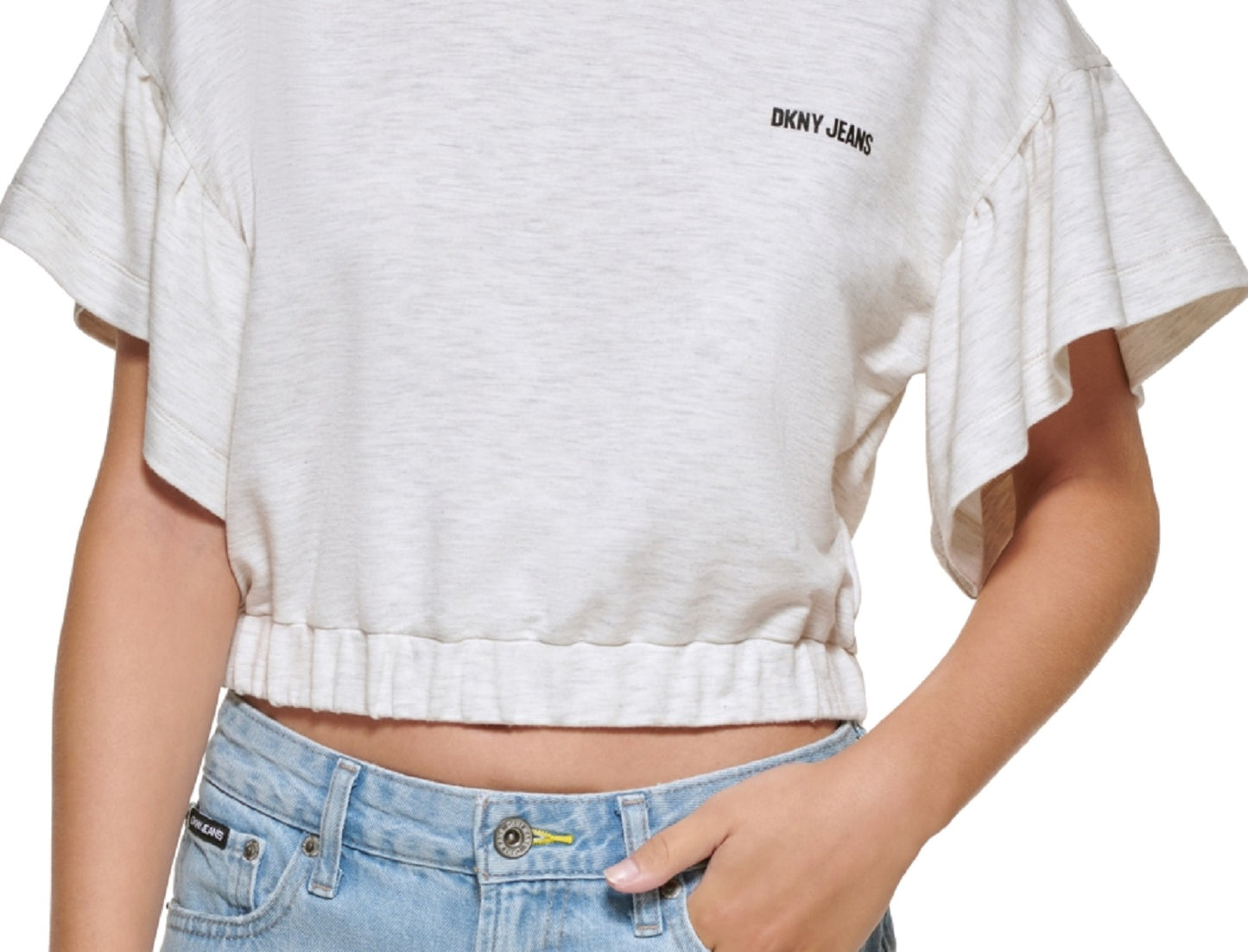 Camiseta feminina DKNY com manga curta e babados, marrom, tamanho médio