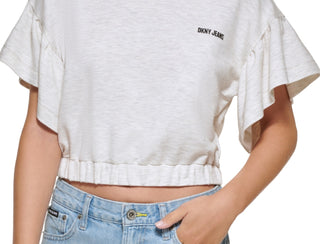 Camiseta feminina DKNY com manga curta e babados, marrom, tamanho médio