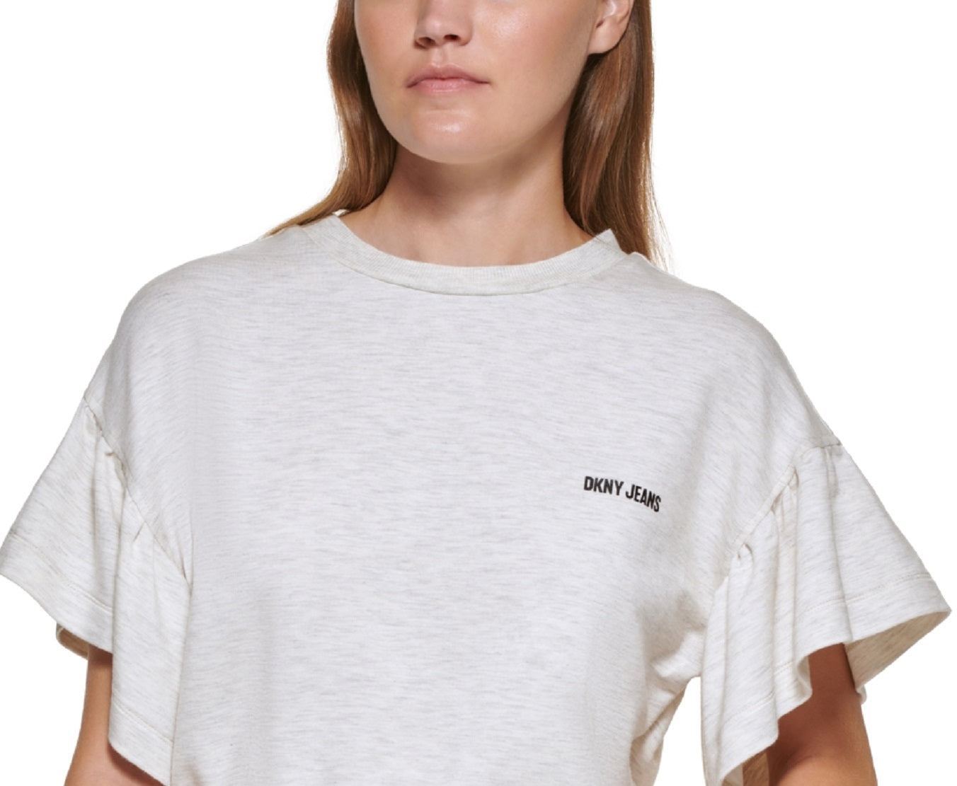 Camiseta feminina DKNY com manga curta e babados, marrom, tamanho pequeno
