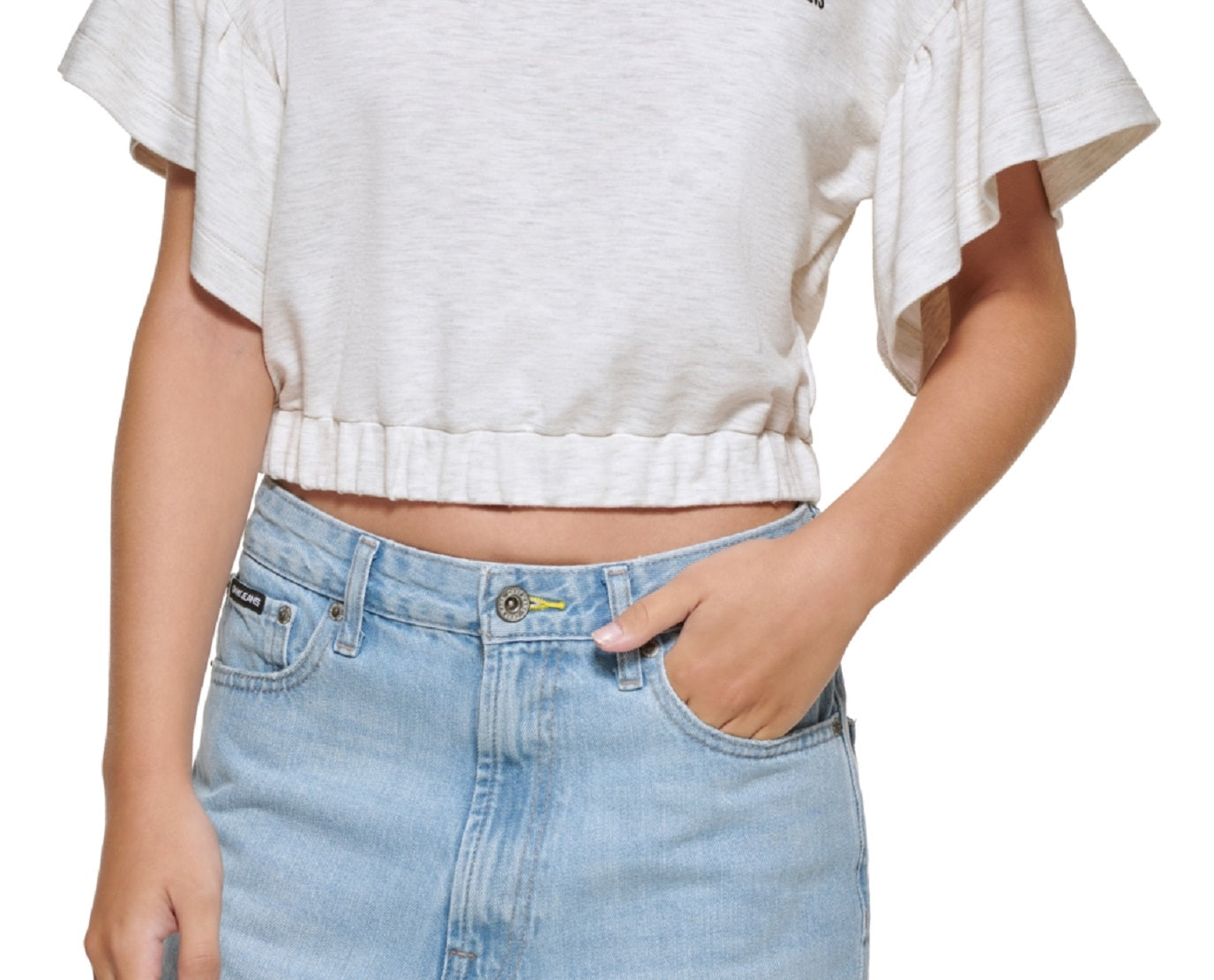 Camiseta feminina DKNY com manga curta e babados, marrom, tamanho pequeno