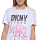 Camiseta feminina DKNY com logo Graffiti, branca, tamanho médio